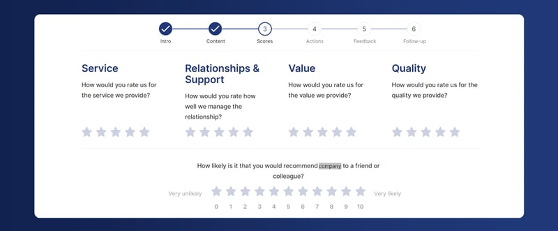 A screenshot of a Clientshare Pulse review at the stage where the standard NPS question is asked: How likely is it that you would recommend 'company' to a friend or colleague?'