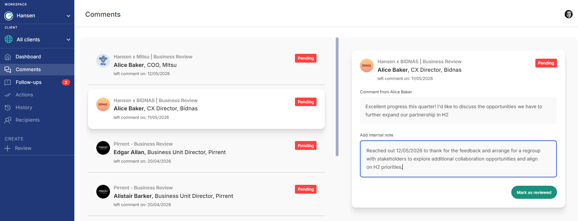 Managing feedback comments & follow-up requests SCREENSHOT 2