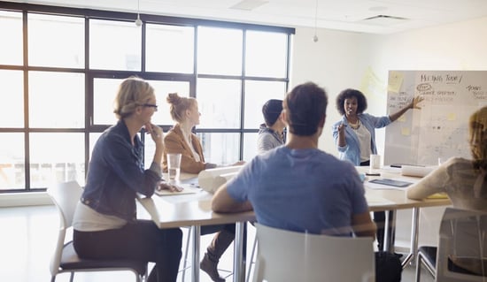 A group of people in a Quarterly Business Review (QBR) meeting